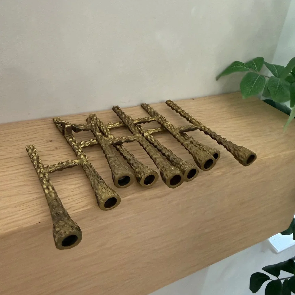 Vintage Brutalist Gold Metal Folding Menorah Candelabra Mid Century Modern 9 Arm